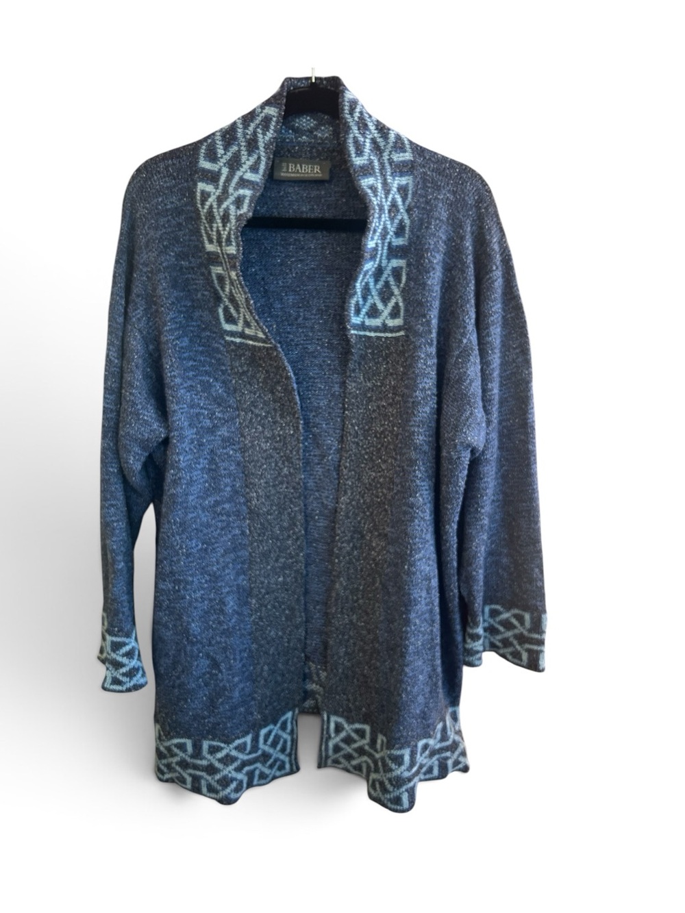 Hand Knit in Scotland Bill Baber Blue Open-Front Knit Cardigan with Celtic Trim